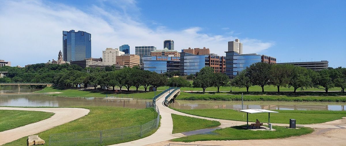 Downtown Fort Worth seen across a park along the Trinity River